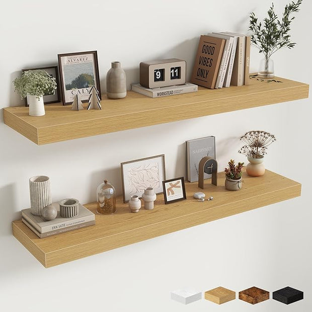 Fun Memories 48 Inch Floating Shelves for Wall - 12 Inch Deep Fireplace Mantel Shelf - Wood Floating Shelf for Wall - Large Storage Shelves Wall Mount for Living Room & Bedroom - Oak - Set of 2