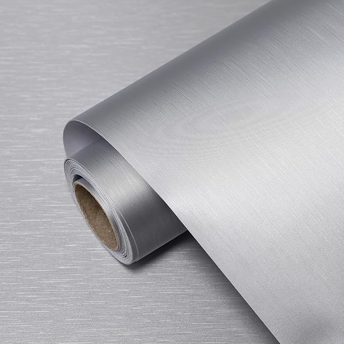 Stainless Steel Contact Paper 15.7"x 118" Silver Stainless Steel Contact Papers Peel and Stick Countertop Self Adhesive Thick Texture Vinyl Waterproof Wallpaper for Fridge Kitchen Cabinets
