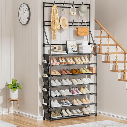 OYREL Shoe Rack 7 Tier Sturdy Shoe Racks for Closet Shoes Organizer for 28-35 Pairs Large Capacity Shoe Storage Rack with Multifunctional 5 Hooks and Side Pocket for Entrance Entryway