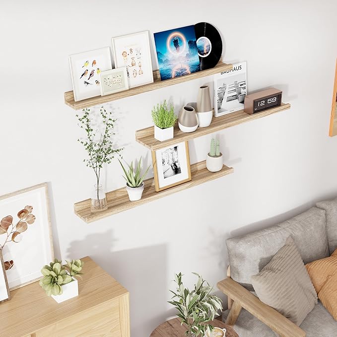 RICHFOCUS Floating Shelves for Wall, 36 inch Solid Wood Picture Ledge Shelf for Wall Storage, Nursery Book Shelves with Lip for Living Room Bathroom Bedroom Kitchen, Set of 3, Carbonized Black