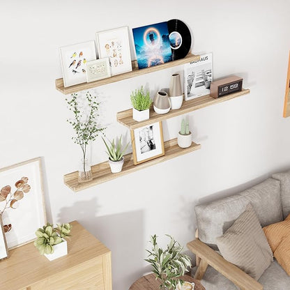 RICHFOCUS Floating Shelves for Wall, 36 inch Solid Wood Picture Ledge Shelf for Wall Storage, Nursery Book Shelves with Lip for Living Room Bathroom Bedroom Kitchen, Set of 3, Carbonized Black