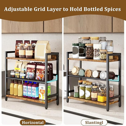 IBUYKE 3-Tier Spice Rack Industrial Counter Shelf Desktop Storage Organizer Standing Seasoning Rack for Countertop Kitchen Office Living Room Desktop Rustic Brown UTLJ021H