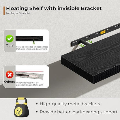 Fun Memories 72 Inch Floating Shelves for Wall, Fireplace Mantel Shelf with Invisible Heavy Duty Bracket, 8 Inch Deep Storage Shelf for Living Room, Kitchen, Farmhouse, Black