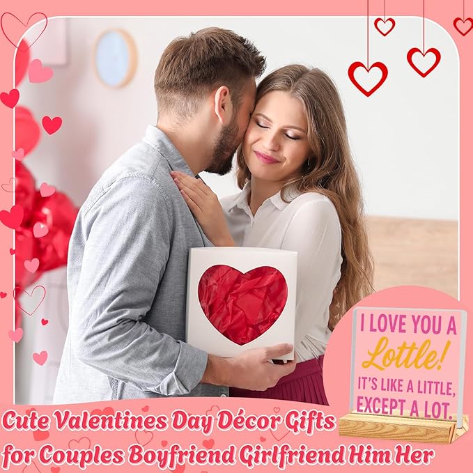 Valentines Desk Decor, Happy Valentine's Day Home Office Table Sign for Porch Tiered Tray Shelf Party, Rustic Romantic Acrylic Gifts Decorations for Him Her Wife, I Love You A Lottle
