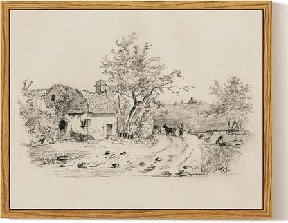 InSimSea Framed Canvas Print Art, Vintage Countryside Sketch Landscape Painting, Rustic Farmhouse Cottage Decor for Hallway Wall Floating Shelf Desk Vanity Fireplace,10x8in, Neutral Tones