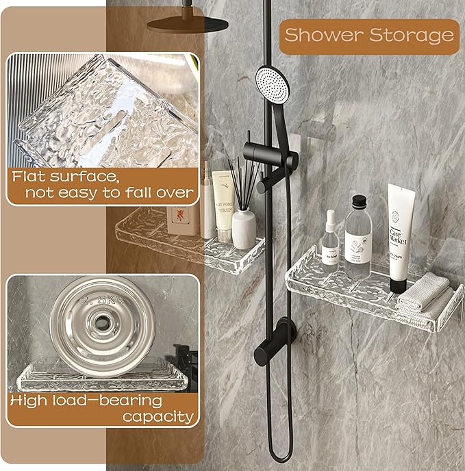 Shower Organizer, Wall Floating Shelf, Clear Wall Mounted Organizer for Bathroom Storage and moreAcrylic No Drill Wall Mount Adhesive Shelf
