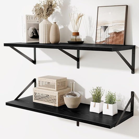 Floating Shelf for Wall,32" WX10 D Wood Floating Shelves with Sturdy Metal Bracket Set of 2,Wall Mounted Hanging Shelf for Bathroom,Bedroom,Kitchen,Black