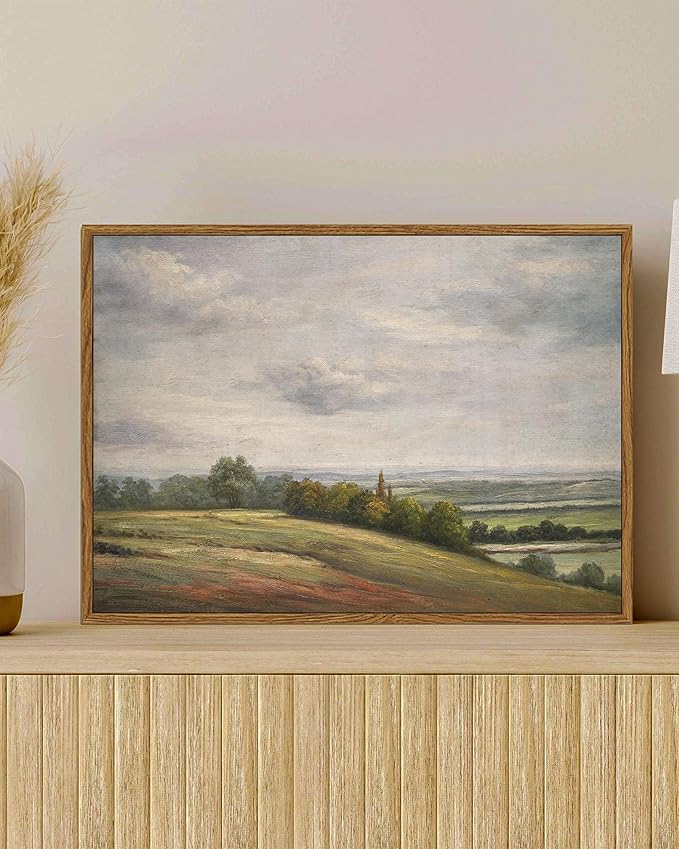 SHENIFY Landscape Framed Canvas Wall Art Vintage Classical Rural Hill Prints Hallway Bathroom Office Decor - 11x14in Natural Framed