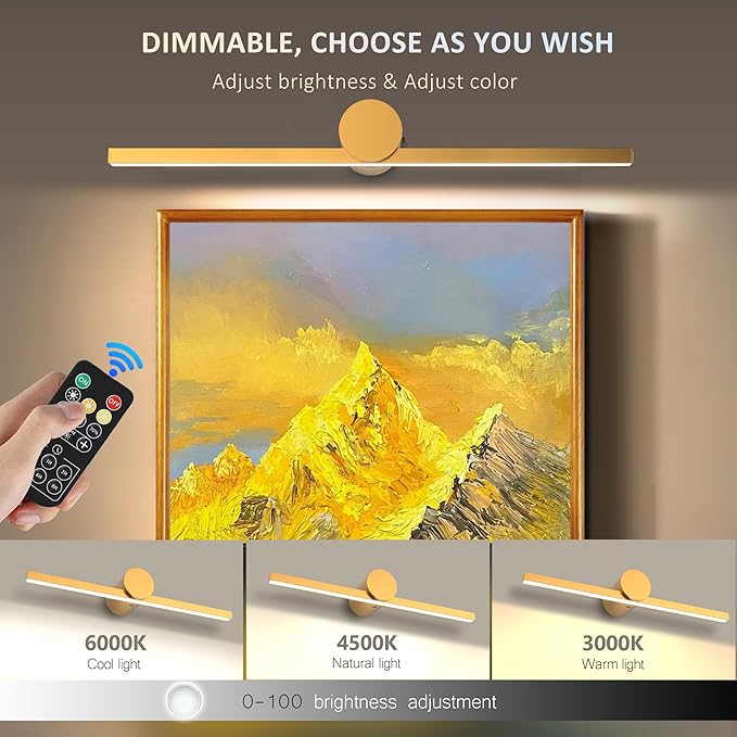ZitoStory Battery Operated Picture Light for Wall with Remote,Minimalism Wireless Dimmable Art Lights for Paintings Rechargeable Gallery Light Artwork Lighting for Canvas, Portrait (Gold,23'' Inch)