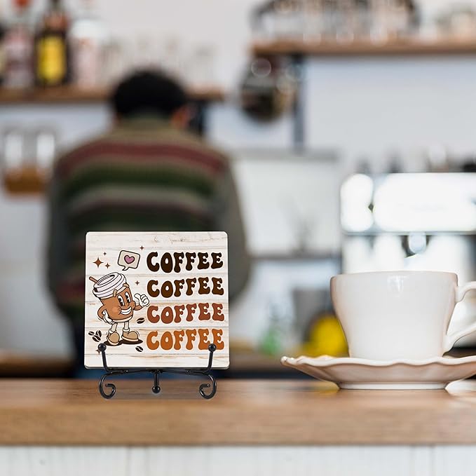 Coffee Bar Decor, Farmhouse Kitchen Table Decor, Coffee Station Accessories, Wooden Decorative Sign with Iron Stand for Table Desk Shelf Display-E29