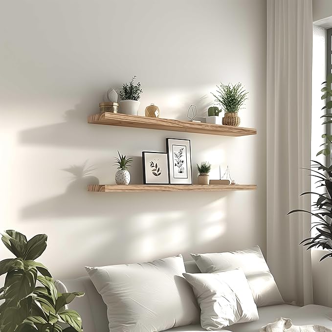 PHPH 48 Inch Wood Floating Shelves for Wall, Wooden Wall Shelves for Bedroom, Set of 4 Light Brown