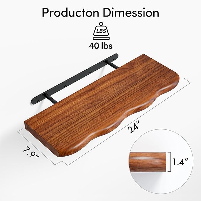 24inch Walnut Finished Floating Shelves for Wall,Luxury Rustic Solid Pine Wood Shelf Bracket for Room Decor,Wall Mounted Hanging Shelves for Bedroom,Living Room, Set of 2