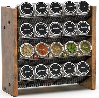 NESAPTO Spice Rack Organizer for Cabinet, Wooden 4 Tier Vertical Seasoning Organizers for Kitchen Pantry, Countertop/Wall Mount, Holds 20 Spice Jars (No Jars Included),10.3" W × 9.4" H