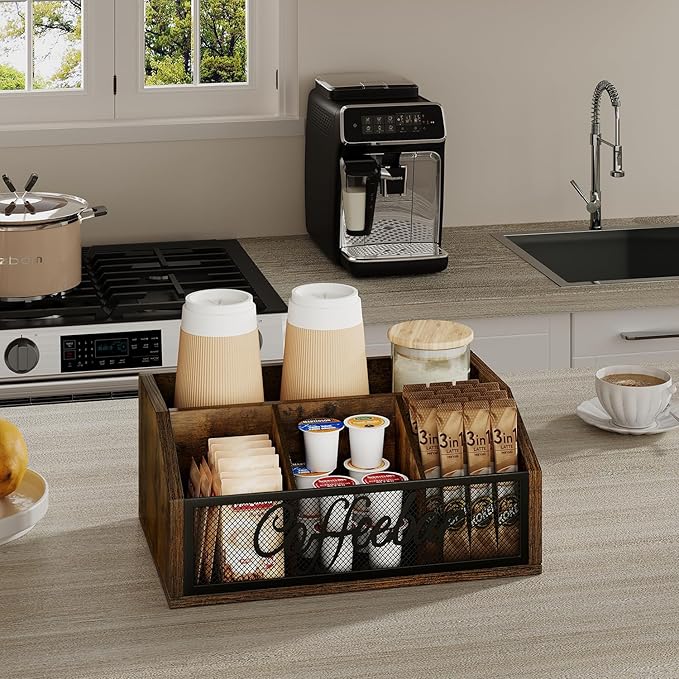 YINMIT Coffee Station Organizer for Countertop, Wood Coffee Bar Organizer with Removable Dividers for Pods, Syrup, Cups, Stirrer, Tea - Office Coffee Bar Accessories, Iron Mesh-Vintage Brown