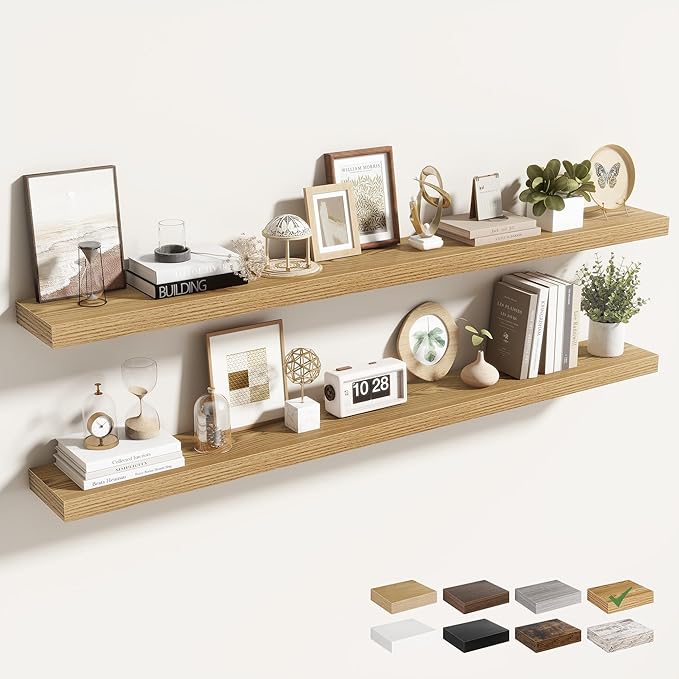 55 Inch Floating Shelves for Wall 2 Pack, 55" Wall Shelves for Books, Storage, Decor, Wall Mounted Floating Shelf with Invisible Brackets for Kitchen, Living Room, Light Brown