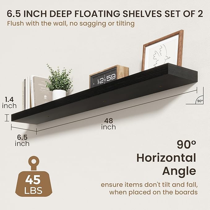 48 Inch Floating Shelves | 6.5 Inch Deep Black Floating Shelves Set of 2 | 48" W x 6.5" D Rustic Black Wood Wall Shelves with Invisible Brackets for Bathroom Living Room Bedroom
