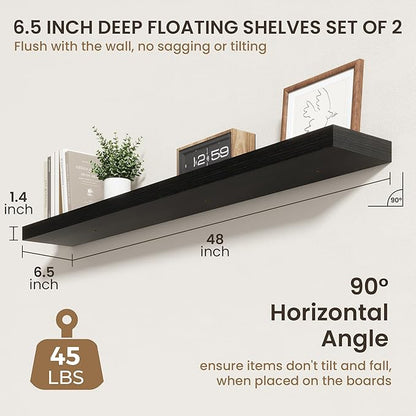 48 Inch Floating Shelves | 6.5 Inch Deep Black Floating Shelves Set of 2 | 48" W x 6.5" D Rustic Black Wood Wall Shelves with Invisible Brackets for Bathroom Living Room Bedroom