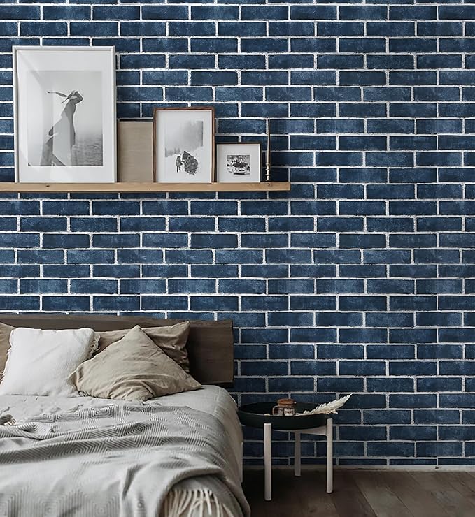 HeloHo 17.7" X 118" Blue Brick Wallpaper Peel and Stick Self-Adhesive Removable Wall Paper Brick 3D Textured Wallpaper for Kitchen Backsplash Living Room Bedroom Decor