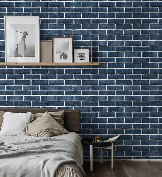HeloHo 17.7" X 394" Blue Brick Wallpaper Peel and Stick Self-Adhesive Removable 3D Textured Wall Paper for Kitchen Backsplash Living Room Bedroom Decor