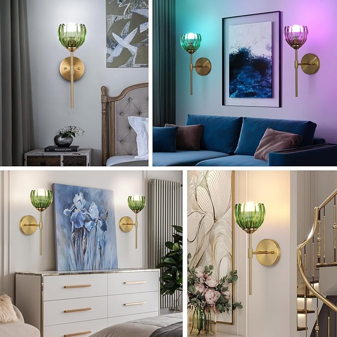 Vintage Battery Operated Wall Sconce Set of Two,Rechargeable Wall Lights with RGB Dimmable Detachable Bulbs and Remote,12 Colors Wireless Wall Lamps for Bedroom Living Room Hallway (Green)