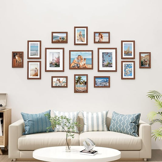 Vittanly 15 Pack Picture Frames Collage Wall Decor, Multi Sizes Including 3pcs 8x10, 6pcs 5x7 and 6pcs 4x6 Photo Frames, Gallery Frame Set for Wall or Tabletop Display, Walnut Brown