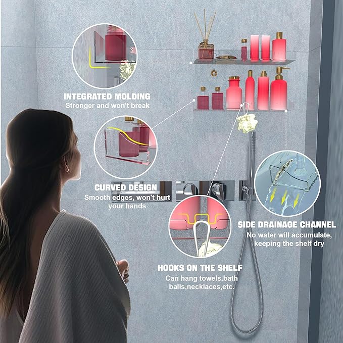 Acrylic Shelves Bathroom 2 Pack Clear Shower Floating Shelf with Hooks Transparent Wall Mounted No Drilling Thick Storage Display Shelving (2 Pcs Shelves)