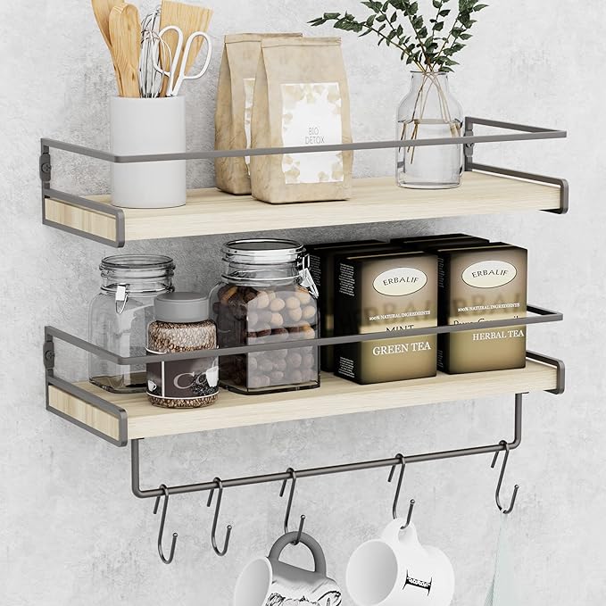 Wall Decor Floating Shelves, Home Decor with Towel Bar/Hooks, Wall Shelves for Bathroom/Living Room/Kitchen/Bedroom, (Black-Natural) Floating Bathroom Shelves
