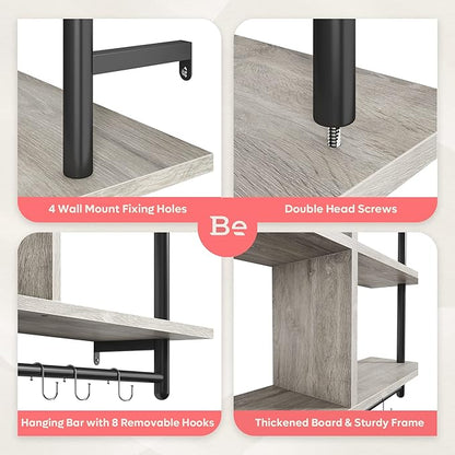 Bestier 41" Floating Kitchen Shelves Wall Mounted 3 Tier Coffee Bar Mug Shelf Hanging with 8 Hooks Display Plant Pipe Shelving for Living Room Kitchen Bathroom Balcony, Retro Grey