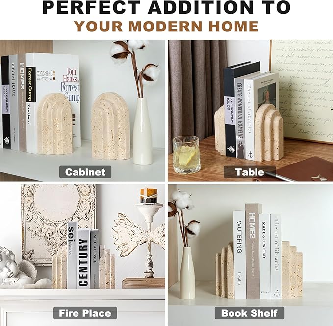 Natural Marble Book Ends - Heavy Duty Bookends for Shelves - Aesthetic Layered Arch Design Stone Book Holders, Unique Modern Office Bookshelf Stopper Decor for Books/CDs(Travertino Turkey)