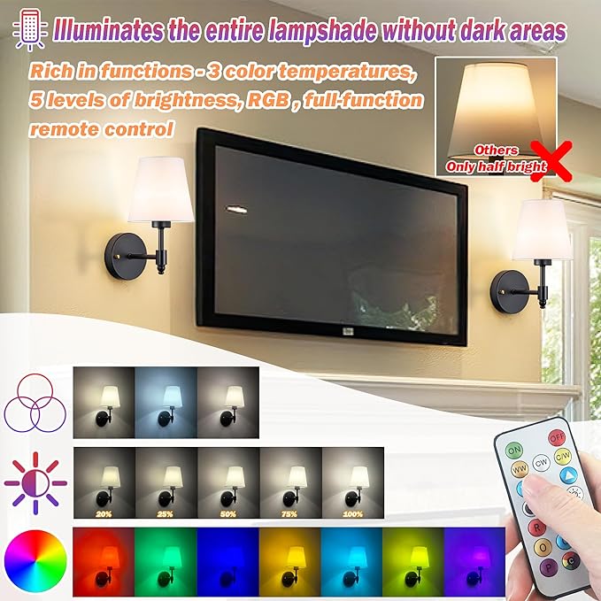 Battery Operated Wall Sconces Set Of Two, Wireless Battery Wall Light With 10000mAh RGB Rechargeable Magnetic Bulb, Rechargeable Wall Sconce With Remote Control For Bedroom, No Electrician Required