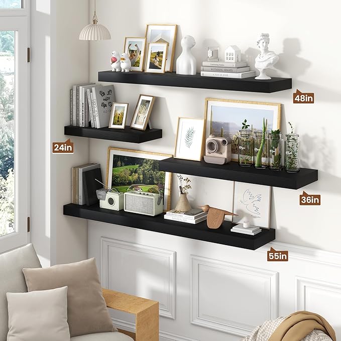 Heimlove Floating Shelves for Wall 55 Inch Long,Extra Large and Thick Wood Shelves Mounted Storage Hanging Shelf Invisible Bracket for Bedroom,Living Room,Kitchen,Office,Black