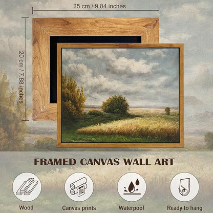 SHENIFY Vintage Landscape Framed Canvas Wall Art Grassland Classic Wall Prints Farmhouse Kitchen Office Decor - 8x10in Natural Framed