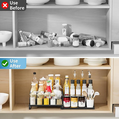 Spice Rack Organizer for Cabinet, Expandable 3 - Tiered Spice Rack, Metal Spice Organizer, Spice Shelf Organizer for Cabinet, Countertop, Pantry, Cupboard, Black