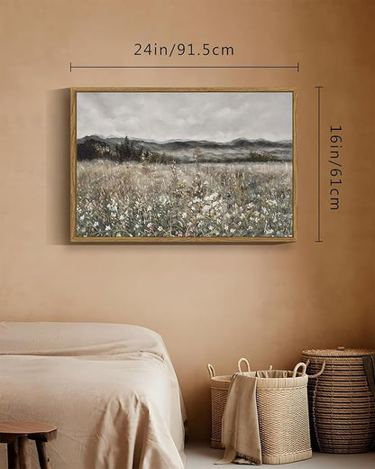 SHENIFY 24x36in Large Vintage Landscape Framed Canvas Wall Art Prairie in Full Bloom Classic Painting Modern Farmhouse Bathroom Office Decor - Natural Framed