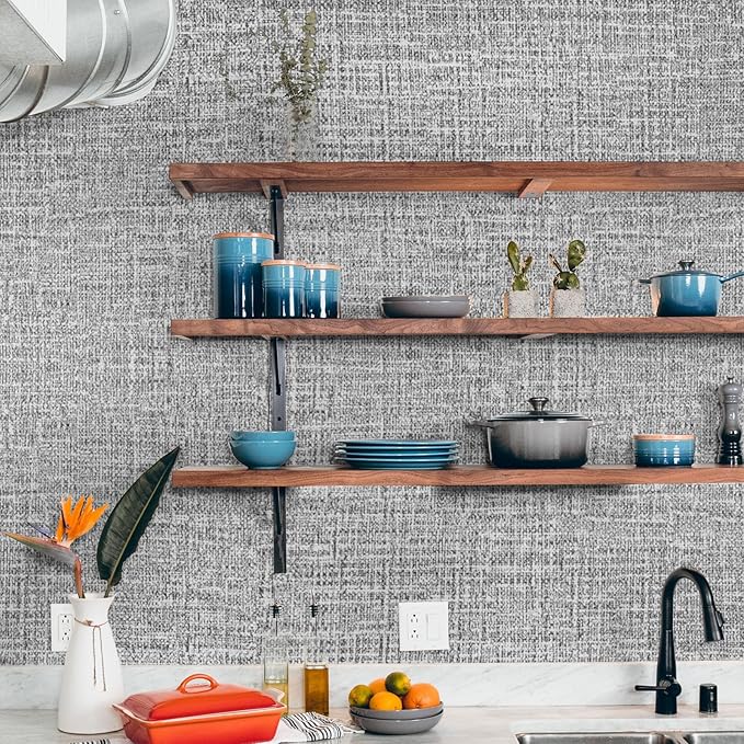 WADILE Grasscloth Peel and Stick Wallpaper 15.7in x 787.4in, Textured Contact Paper for Cabinets, Faux Linen Wall Paper Pull and Stick, Fabric Vinyl Wallpaper Self Adhesive Dark Gray