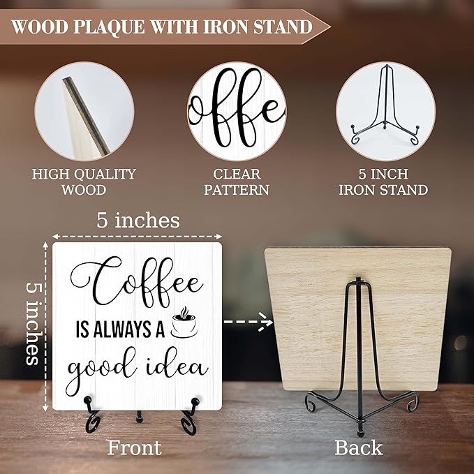 Coffee Sign Desk Decor, Coffee Is Always A Good Idea Sign With Iron Stand, Coffee Wood Plaque For Coffee Station Coffee Shop Home Kitchen Cafe, Farmhouse Coffee Bar Desk Shelf Decoration -01