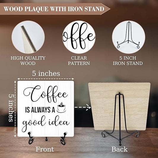 Coffee Sign Desk Decor, Coffee Is Always A Good Idea Sign With Iron Stand, Coffee Wood Plaque For Coffee Station Coffee Shop Home Kitchen Cafe, Farmhouse Coffee Bar Desk Shelf Decoration -01