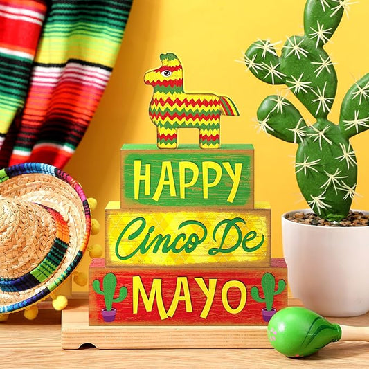 Marsui 4 Pcs Cinco De Mayo Decor Wooden Mexican Tabletop Decorations Rustic Fiesta Tiered Tray Decor Decorative Wooden Donkey Pinata Block Sign Farmhouse Mexican Table Centerpiece for Home Decorations