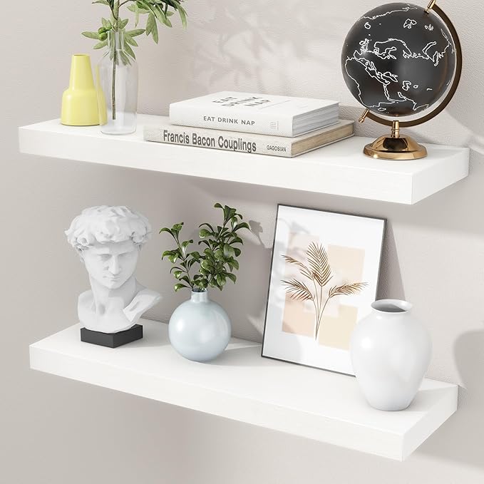 fuqing White Floating Shelves for Wall - 24 Inch Wide x 6.7 Inch Deep Solid Wood Shelves Set of 2 - White Wood Ledge Shelf for Bedroom Bathroom Living Room Kitchen