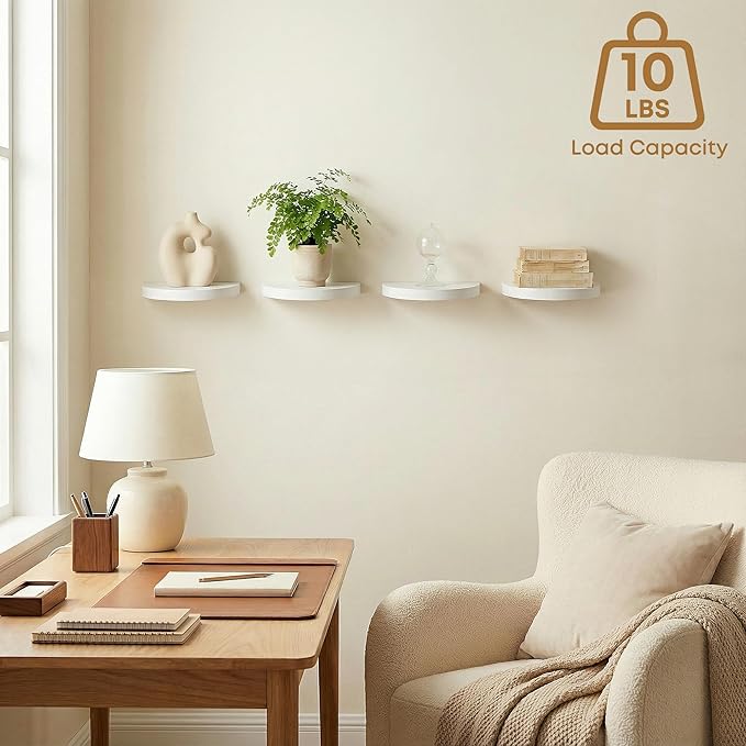 Small Wood Floating Shelves (4-Pack, 6-inch Diameter) - Round Sturdy Invisible Wall Mount Display for Small Plants,Toys,Bathroom,Living Room Storage & Modern Rustic Décor (White)