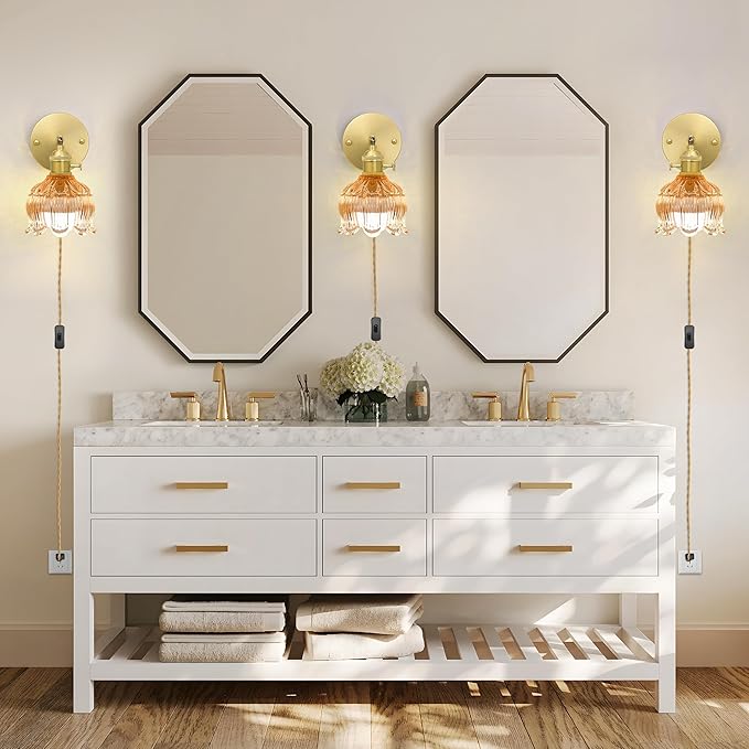 Plug in Wall Sconces,Plug in Wall Lamp, Vintage Wall Light with Amber Tulip Glass Lampshade, 3-Way Dimmable with Dual Switches, No Wiring Needed for Bedroom Wall Decor and Hallway