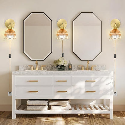 Plug in Wall Sconces Set of 2, Plug in Wall Lamp, Vintage Wall Light with Amber Tulip Glass Lampshade, 3-Way Dimmable with Dual Switches, No Wiring Needed for Bedroom Wall Decor and Hallway