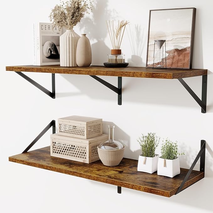Floating Shelf for Wall,32" WX10 D Wood Floating Shelves with Sturdy Metal Bracket Set of 2,Wall Mounted Hanging Shelf for Bathroom,Bedroom,Kitchen,Rustic Brown