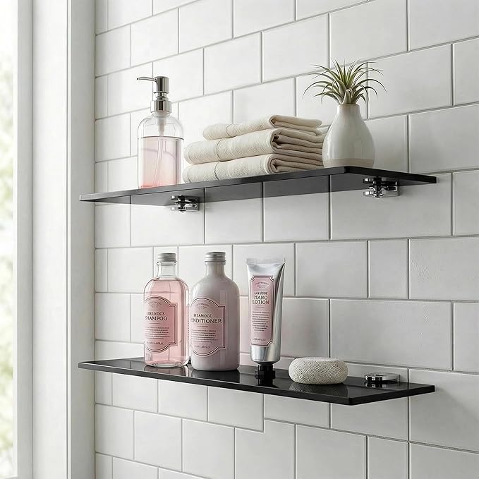 iobiotio Small Shelves, Mini Acrylic Floating Shelf, Display Ledge Plastic Wall Shelves for Figures Plants Accessory, 12 x 4 inch Floating Shelf, Black, 2 Pcs