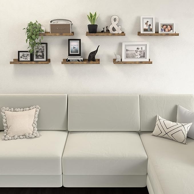 Floating Shelves Set of 6, Farmhouse Wall Shelves with Lip, Display Shelves for Wall Decor, Rustic Picture Ledge for Living Room, Bedroom, Nursery, Bathroom, Pictures, Books, Plants- Brown
