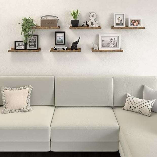 Floating Shelves Set of 6, Farmhouse Wall Shelves with Lip, Display Shelves for Wall Decor, Rustic Picture Ledge for Living Room, Bedroom, Nursery, Bathroom, Pictures, Books, Plants- Brown