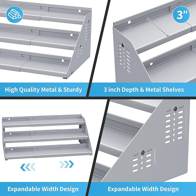 Spice Rack Organizer, Metal Spice Rack Organizer for Cabinet, Countertop Spice Rack - Expandable Width, 3 Tier Spice Shelf for Cabinet, Countertop, Pantry, Cupboard, Gray