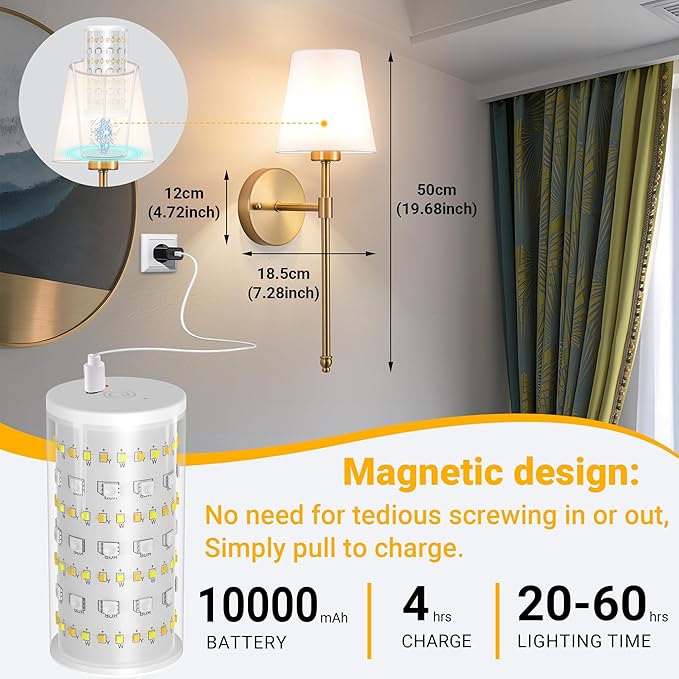 Peel and Stick Wall Sconces, Stick On Wall Sconce Set of 2, Battery Operated Wireless Wall Light, No Drill Adhesive Wall Lamp, Corn Bulb with 10000mAh Rechargeable Battery, Bedroom Wall Decor