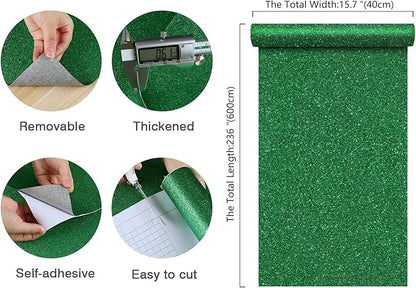 CHIHUT 15.7''x236'' Sparkly Green Glitter Wallpaper Stick and Peel Glitter Contact Paper Decorative Self Adhesive Green Glitter Wall Paper Roll Removable Wallpaper for Bedroom Walls Cabinets Dresser