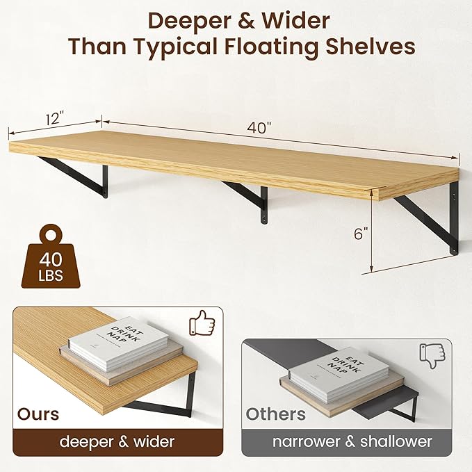 Axeman Deep Floating Shelves - 40 Inch Floating Shelves Set of 2-12 Inch Deep Oak Wall Shelves for Living Room Bathroom Kitchen